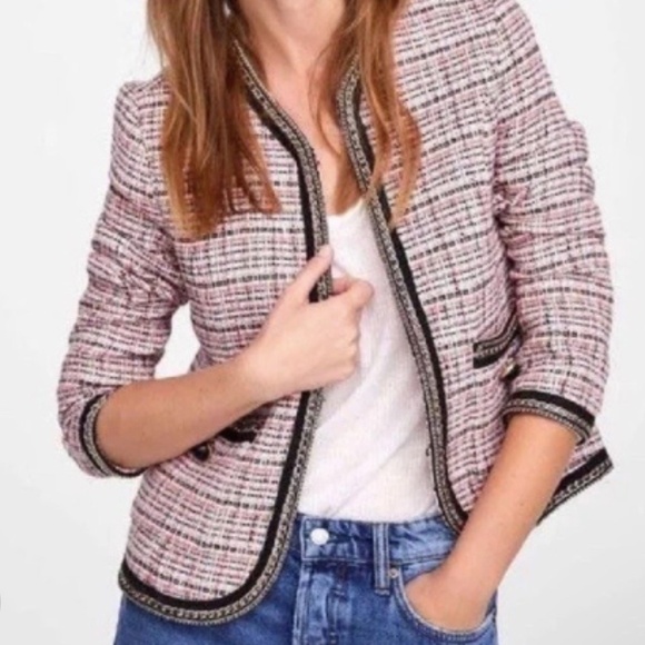 Zara Pink Multicolor Academia Tweed Coquette Chain Trim Pockets Cropped Blazer M - Picture 1 of 14